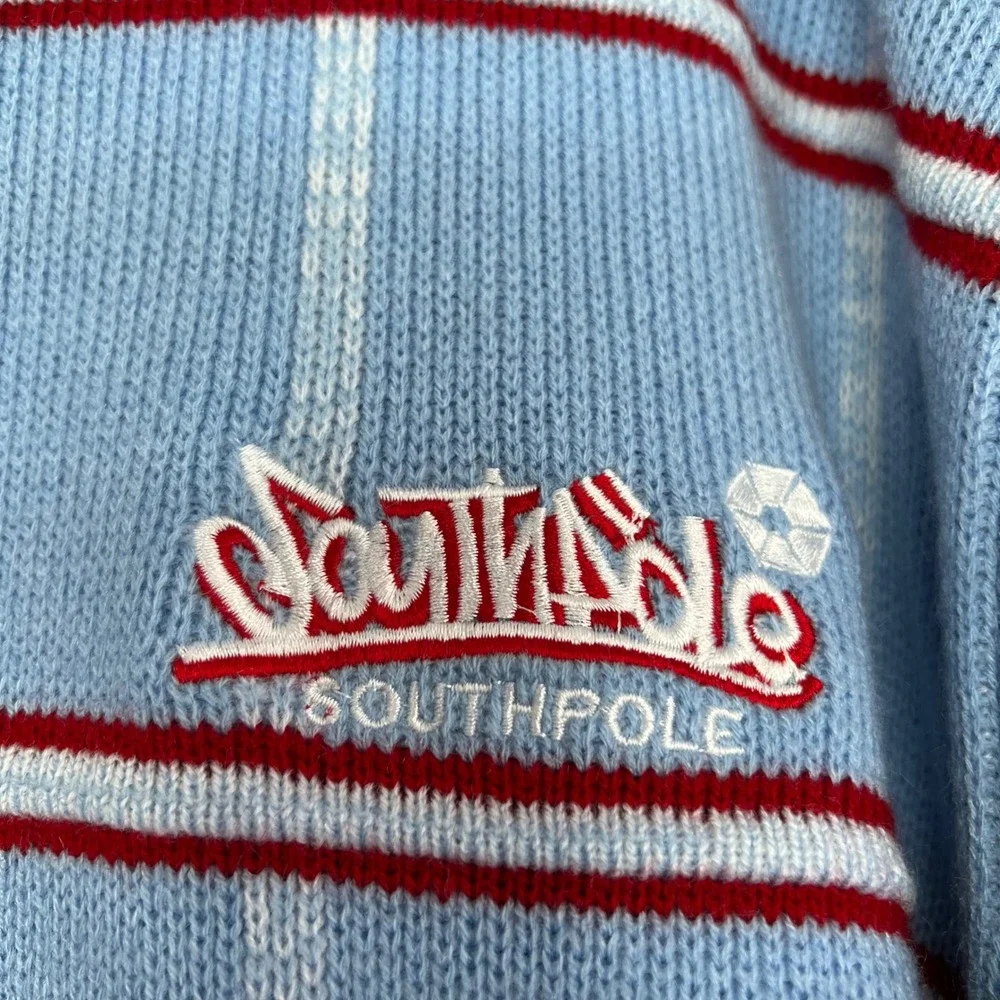 Y2K Vintage SouthPole Sweater Baby Blue Red Stripe Embroidered Men's Size Large